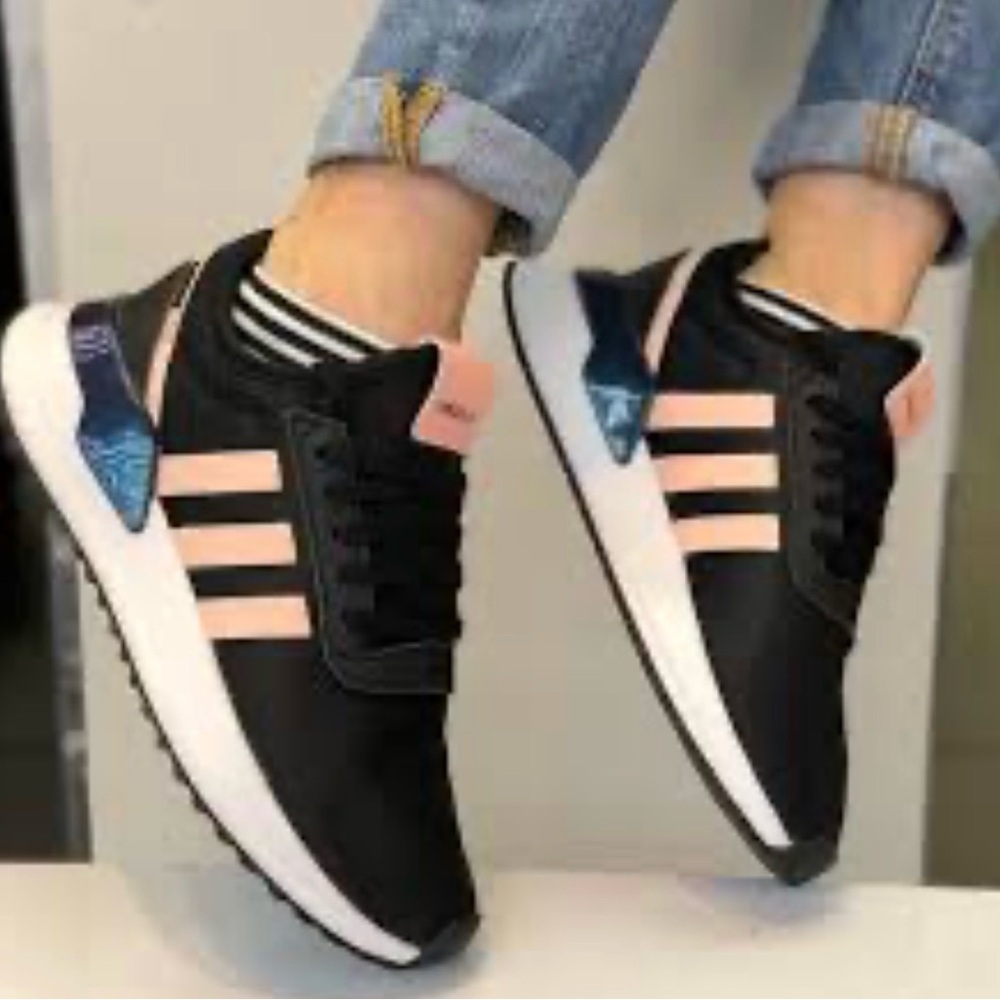 Adidas Women's Black and Pink Striped Sneakers